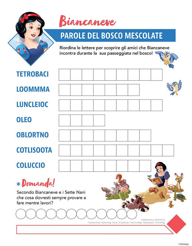 Gioco ispirato a Biancaneve con lettere da riordinare per scoprire le parole nascoste.