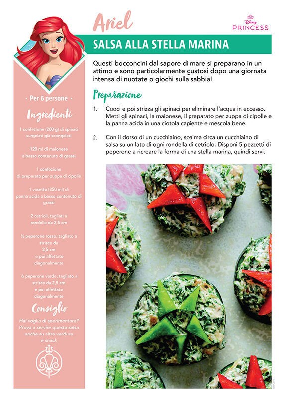 Una ricetta ispirata ad Ariel intitolata Salsa alla stella marina con crema al cetriolo e snack vegetali a forma di stella marina.