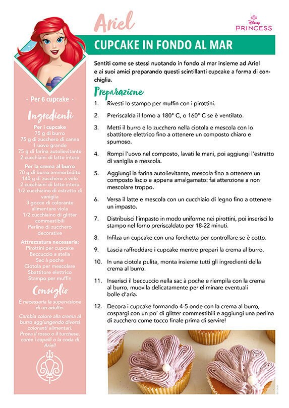 Una ricetta intitolata "Cupcake in Fondo al Mar" ispirata ad Ariel dal film Disney La Sirenetta, con cupcake scintillanti.