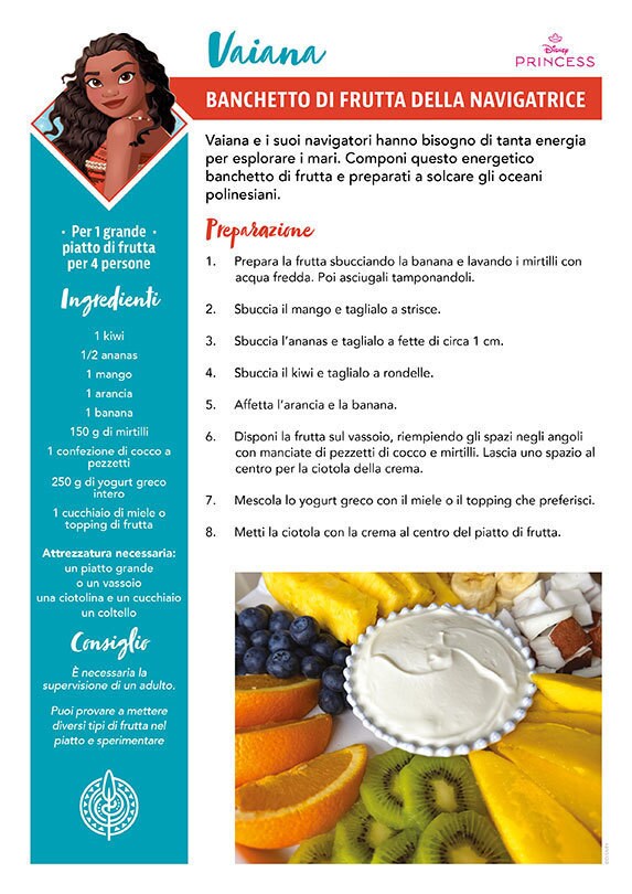 Una ricetta intitolata "Banchetto di Frutta della Navigratrice" ispirata a Vaiana dal film Disney Oceania, con un vassoio di frutta.
