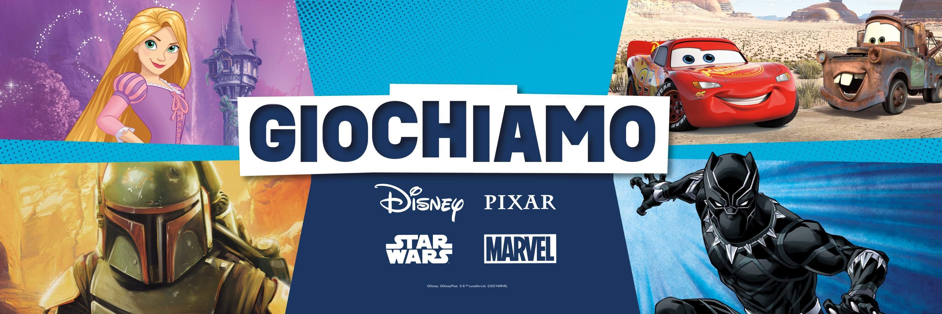 Disney, Pixar, Star Wars and Marvel characters in front of a blue background with brand logos in the centre
