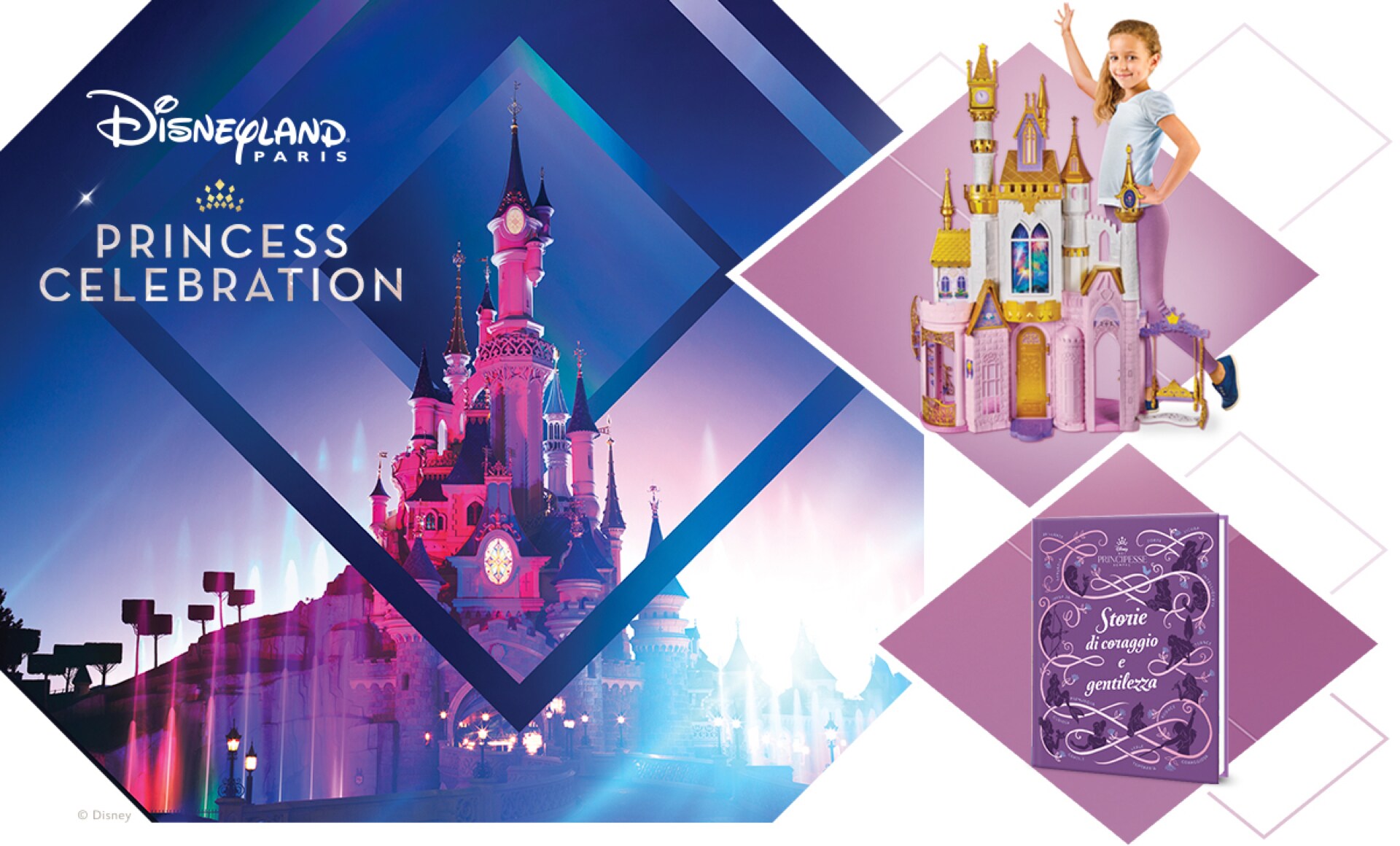 Premi del concorso: viaggio a Disneyland® Paris, Castello delle principesse Hasbro e libri delle principesse Giunti.