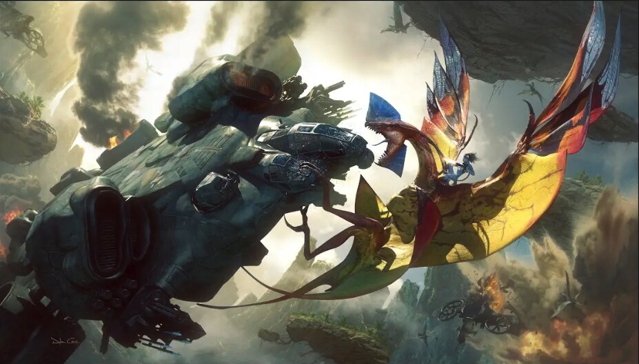 Image of the Sea Dragon and Jake riding a banshee.