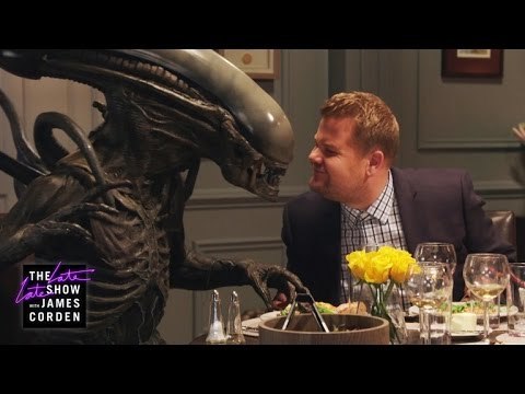 Image from the "Late, Late Show with James Corden" of James Corden with the alien from the movie "Alien:Covenant"