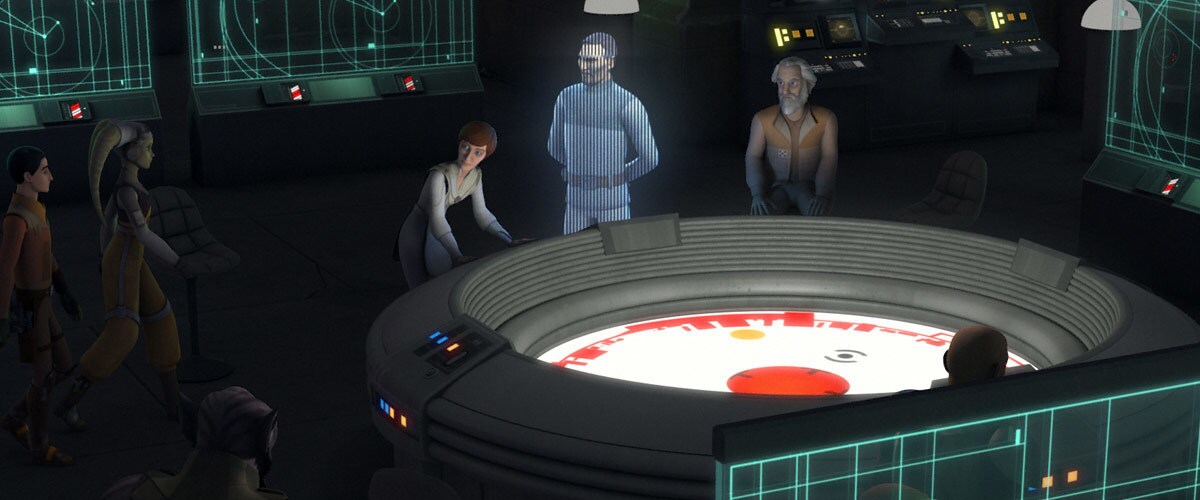 Jan Dodonna, Mon Mothma, and Bail Organa strategizing with the Ghost Crew