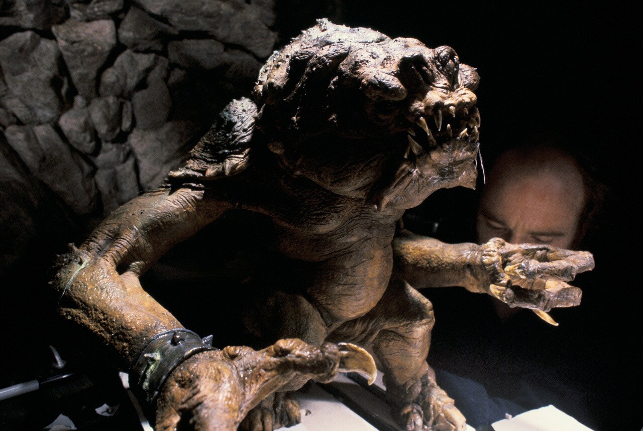 A close up of the rancor puppet