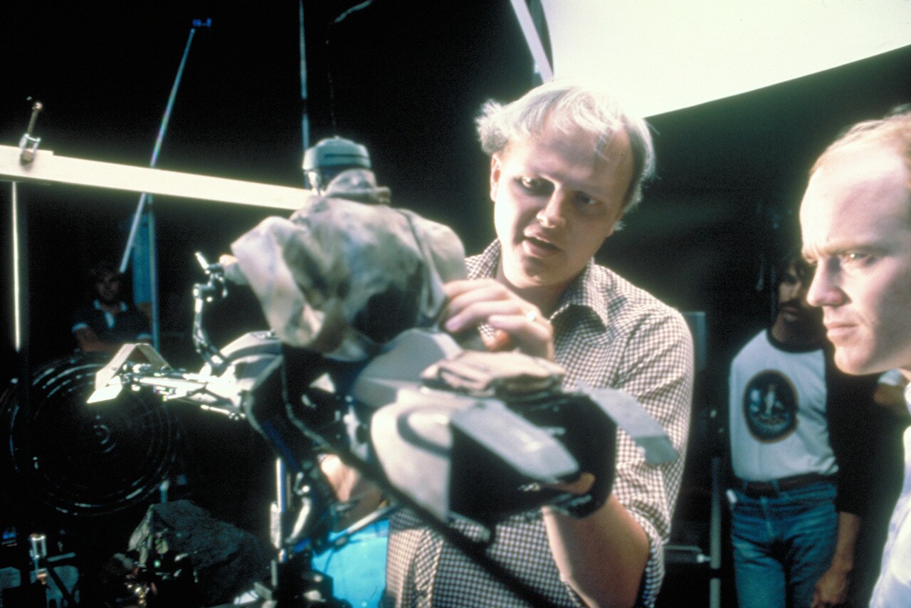 Phil Tippett and Dennis Muren working on the speederbike chase on Endor