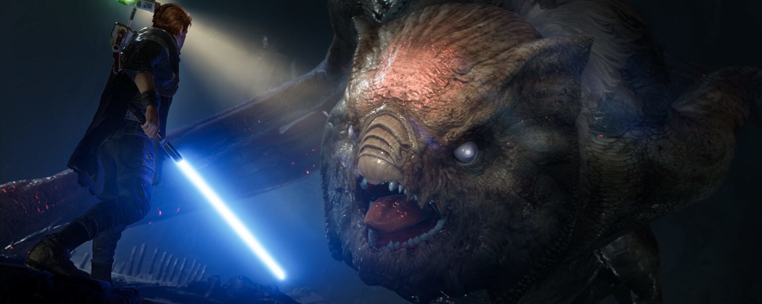 Cal battles a creature in Star Wars Jedi: Fallen Order