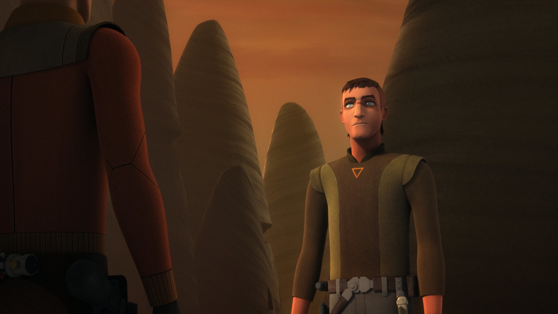 After Ezra, Sabine, Zeb, and Chopper build the gliders, Kanan emerges with a new look. He's shave...