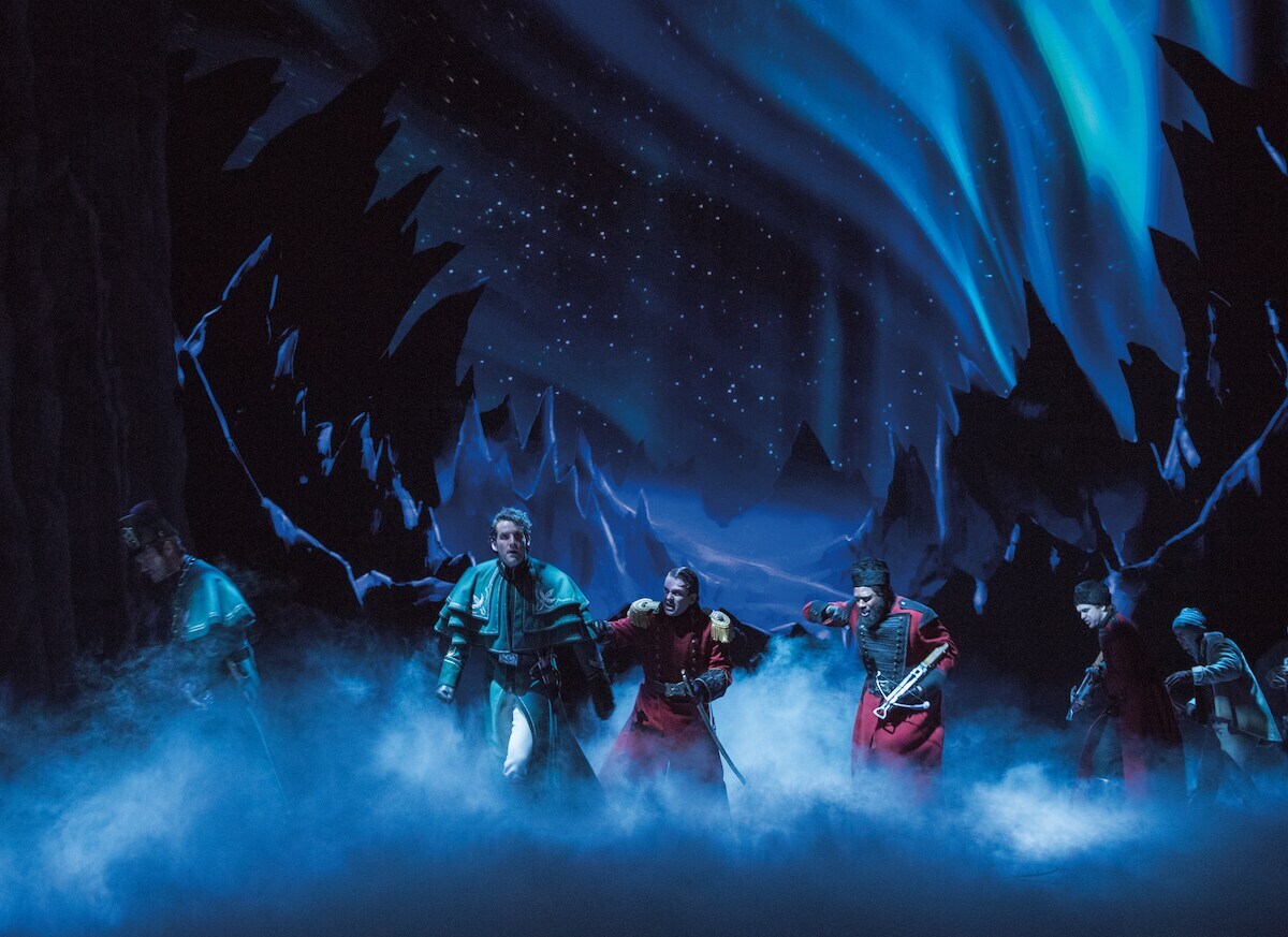 John Riddle as Hans and the company from Frozen on Broadway.