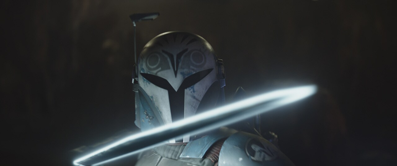 A close up of Bo-Katan with the darksaber