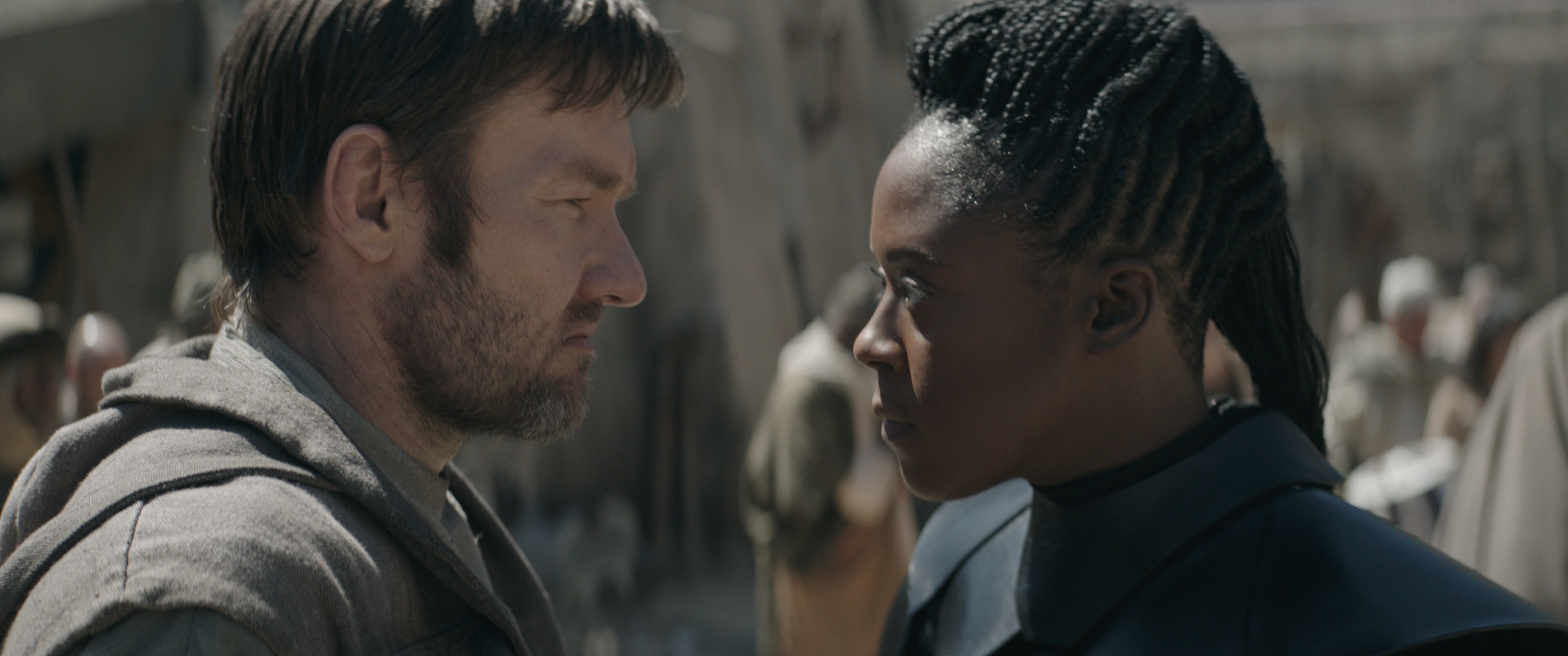 Owen Lars, played by Joel Edgerton, faces off with Reva Sevander, played by Moses Ingram.