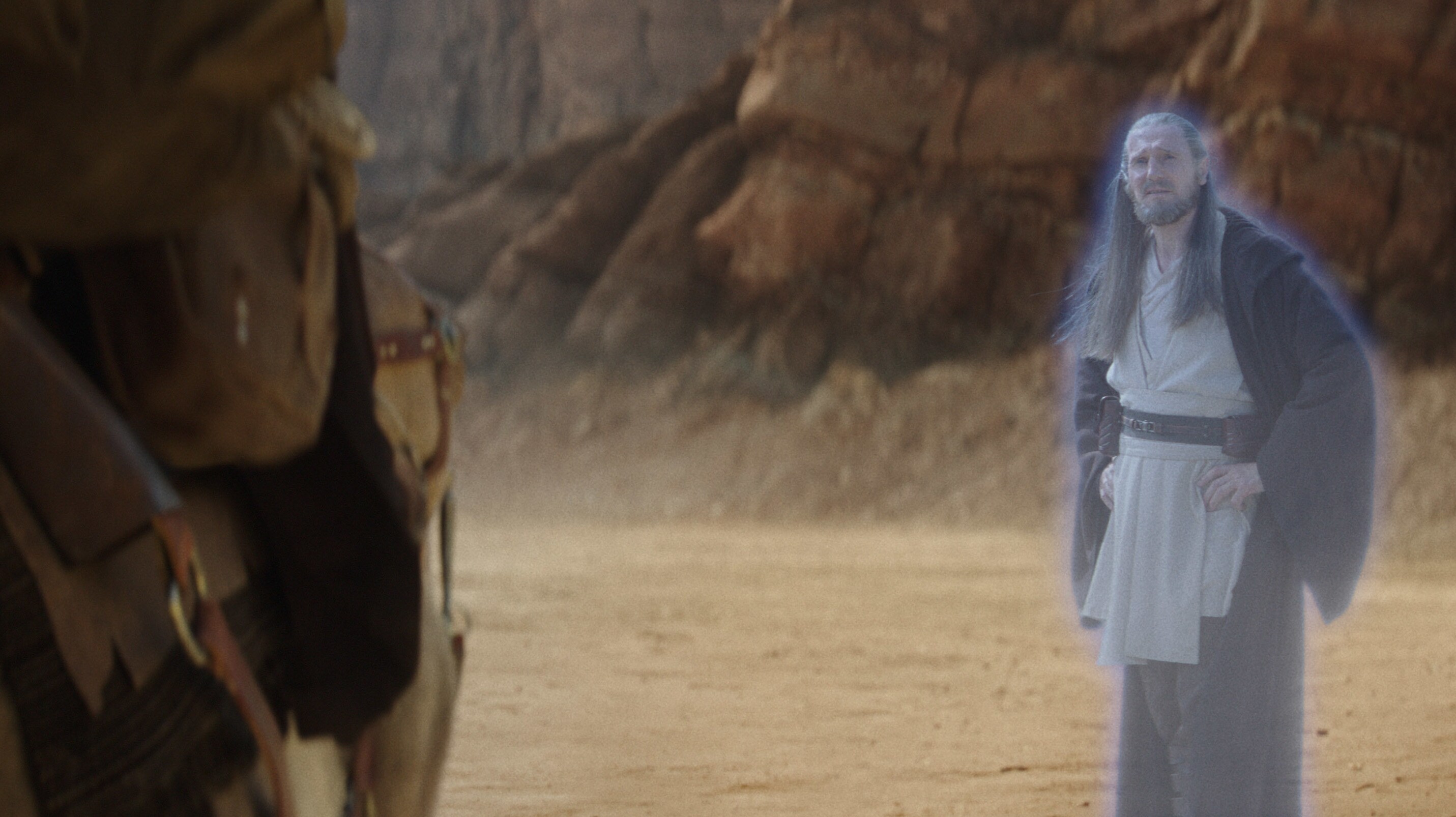 (L-R): Obi-Wan Kenobi (Ewan McGregor), his eopie and Qui-Gon Jinn (Liam Neeson) in a scene from Lucasfilm's OBI-WAN KENOBI, exclusively on Disney+. © 2022 Lucasfilm Ltd. & ™. All Rights Reserved.