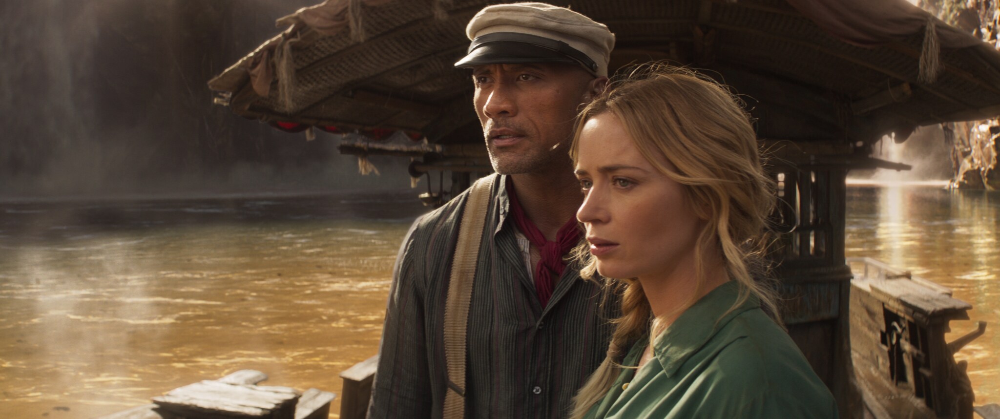 Emily Blunt and Dwayne Johnson Aboard La Quila boat in Disney's Jungle Cruise