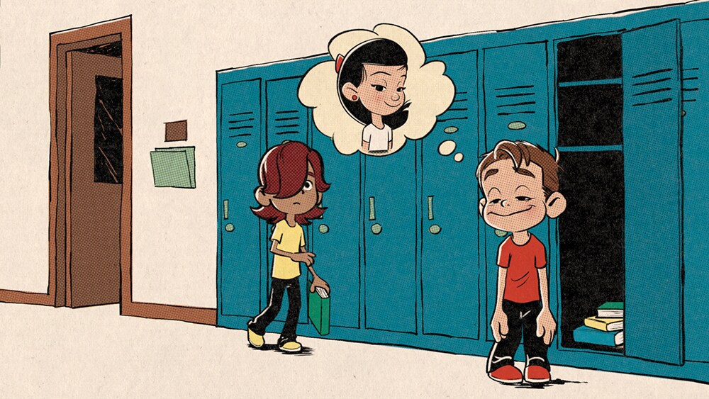 Ollie thinking of a girl in front of his locker