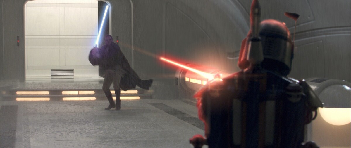 Obi-Wan attempting to apprehend Jango Fett on kamino