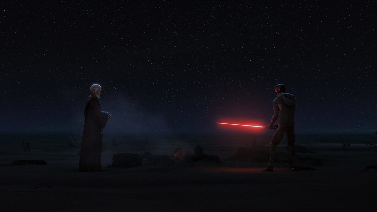 Obi-Wan Kenobi preparing to duel Darth Maul on Tatooine