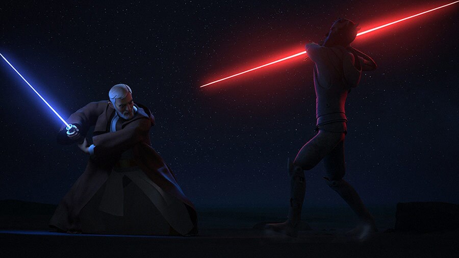 Obi-Wan Kenobi and Darth Maul dueling on Tatooine