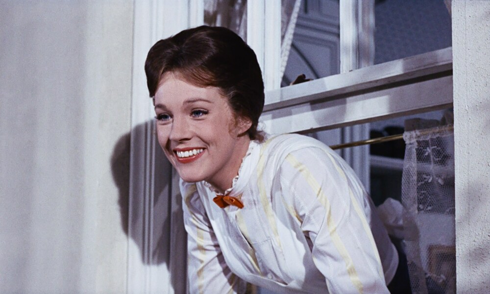 Mary Poppins looking out the window in the original "Mary Poppins" movie