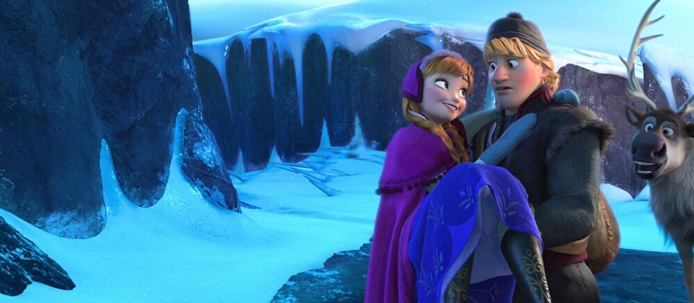 Animated characters Anna, Kristoff and Sven from the film 