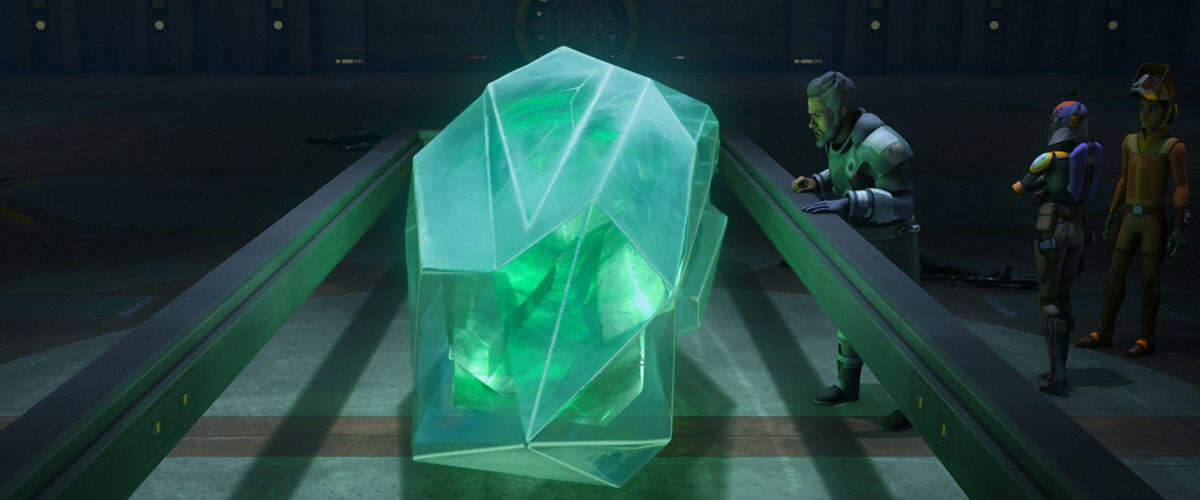 Saw Gerrera, Ezra Bridger, and Sabine Wren discover a giant kyber crystal