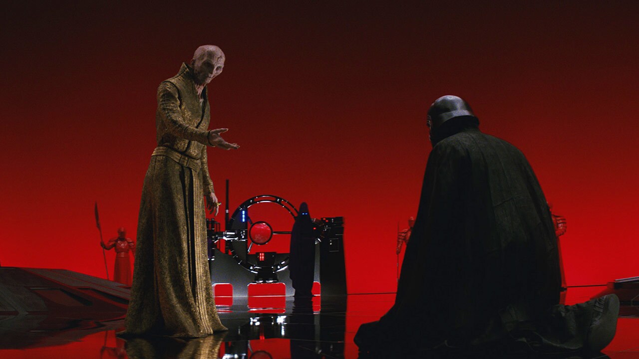 Snoke was pleased that Kylo had brought Rey to him, and interrogated her brutally, using the Forc...
