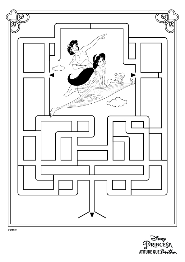 Página para colorir com jogo de labirinto e princesa branca de