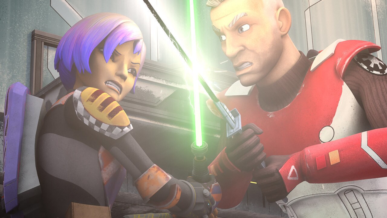 Sabine and Saxon battle furiously, utilizing both their swords and Mandalorian weaponry. 
