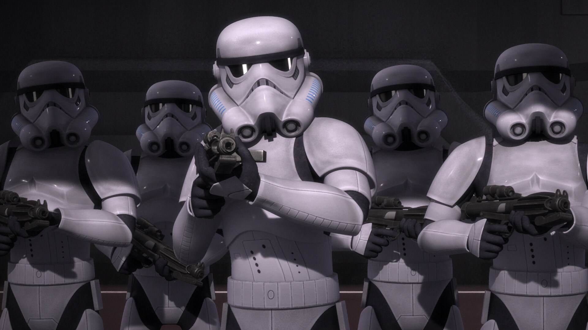 A squad of troopers enter their hangar, ready for battle. They pin Kanan, Ezra, Chopper, and Zeb....