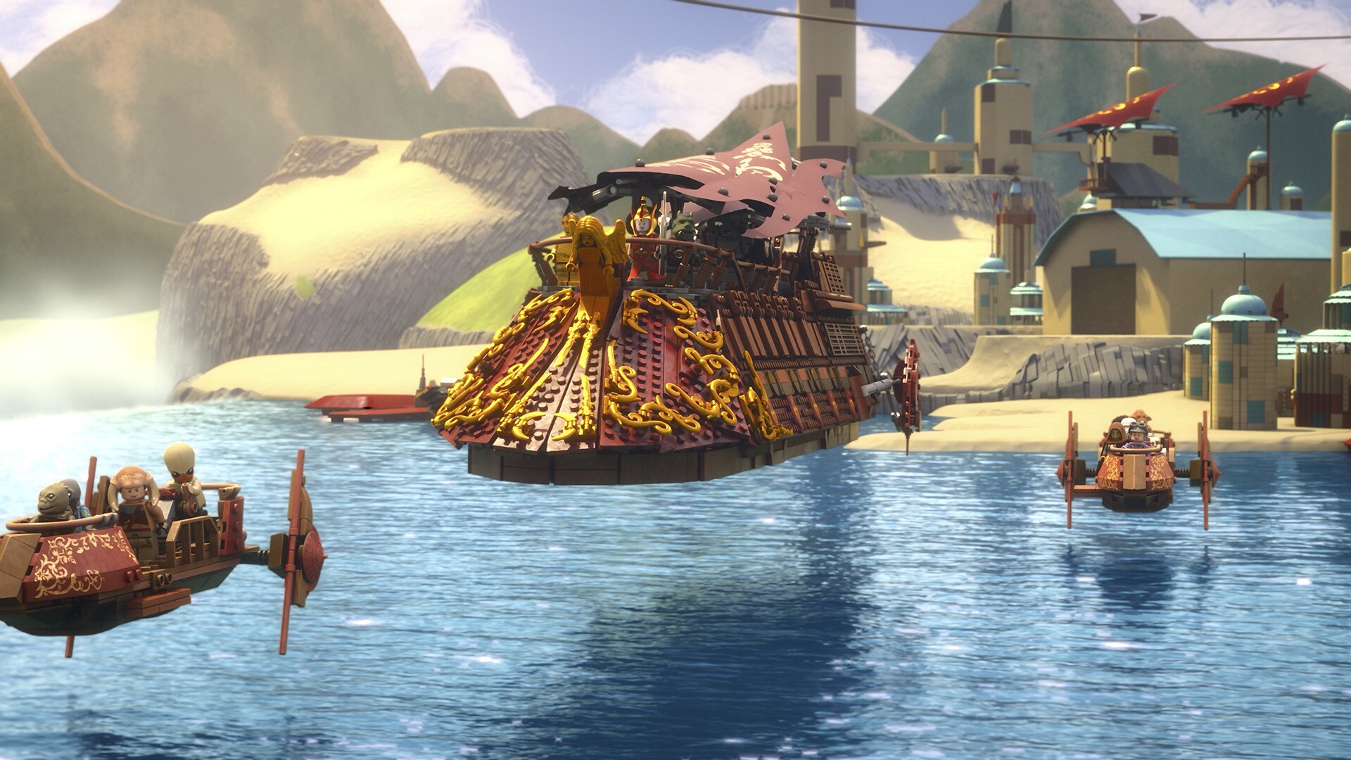 Pirate Queen Amidala sails aboard a gilded sail barge.