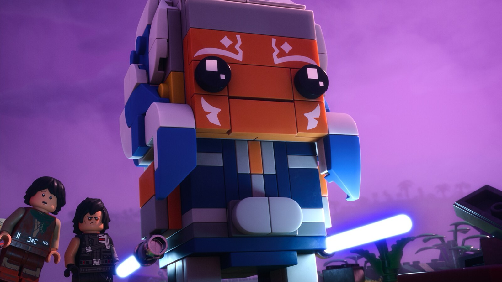 (L-R) Sig Greebling (Gaten Matarazzo), Dev Greebling (Tony Revolori), are rescued by Ahsoka Tano (Ashley Eckstein) in a scene from LEGO Star Wars: Rebuild the Galaxy - Pieces of the Past.