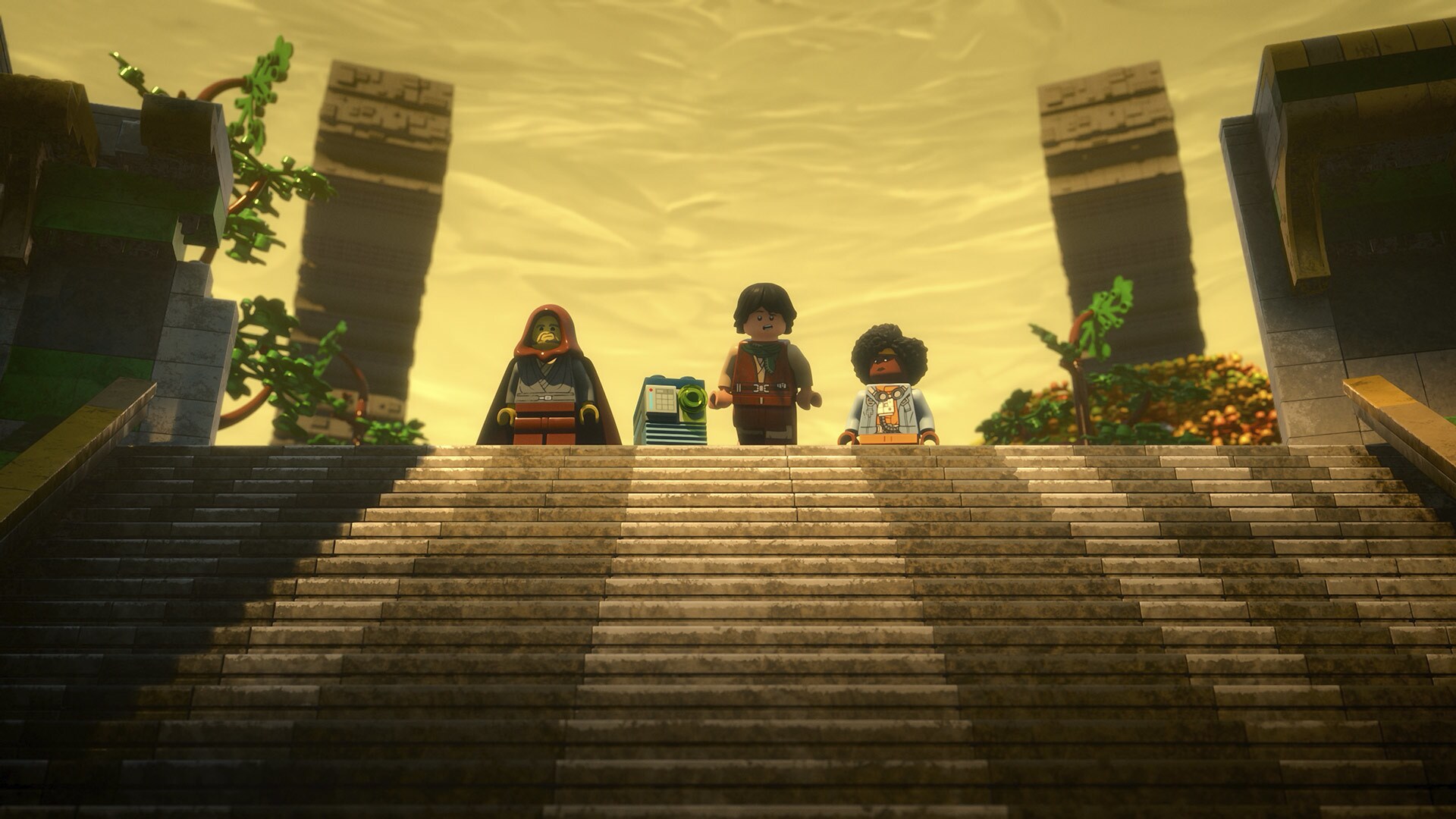 (L-R) Jedi Bob (Bobby Moynihan), Servi (Michael Cusack), Sig Greebling (Gaten Matarazzo), and Yesi Scala (Marsai Martin) in a scene from LEGO Star Wars: Rebuild the Galaxy - Pieces of the Past.