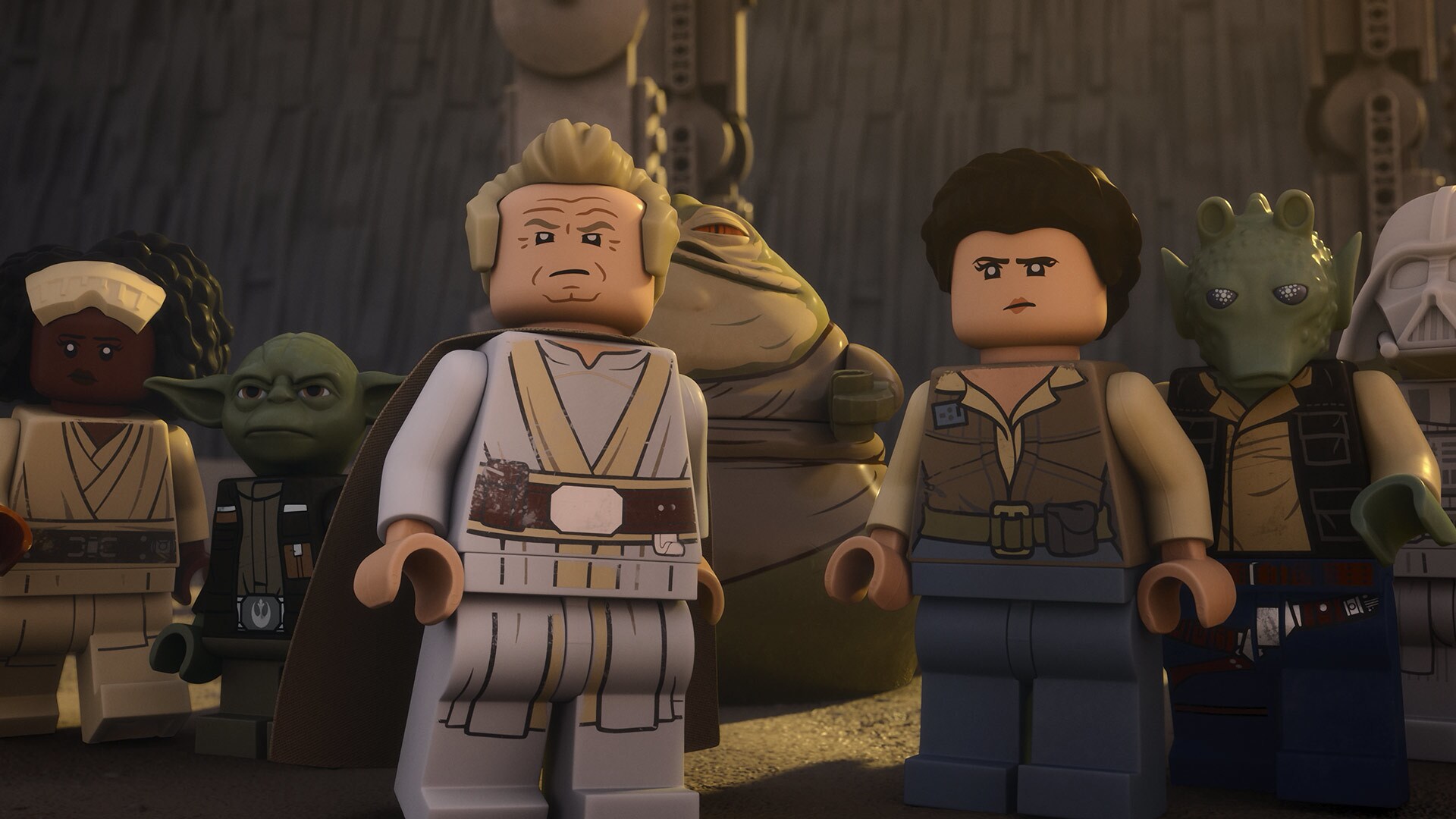 (L-R) Jedi Vader (Matt Sloan), Greedo (Jake Green), Princess Leia (Shelby Young), Jedi Jabba the Hutt (Kevin Michael Richardson), Jedi Palpatine (Trevor Devall), Yoda (Piotr Michael), and Jedi Jannah (Naomi Ackie) in a scene from LEGO Star Wars: Rebuild the Galaxy - Pieces of the Past.