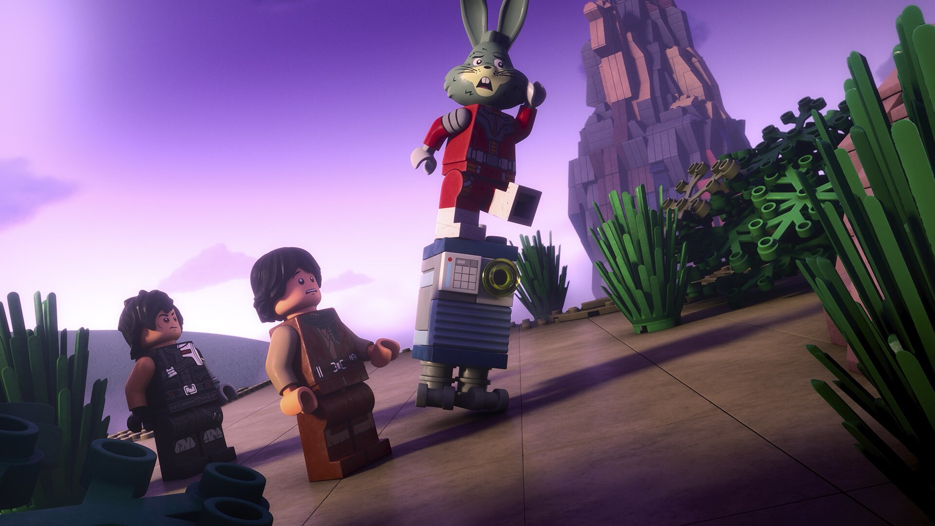 (L-R) Dev Greebling (Tony Revolori), Sig Greebling (Gaten Matarazzo), and Servo (Michael Cusack), meet Jaxxon (Ben Schwartz) in Forcehold.