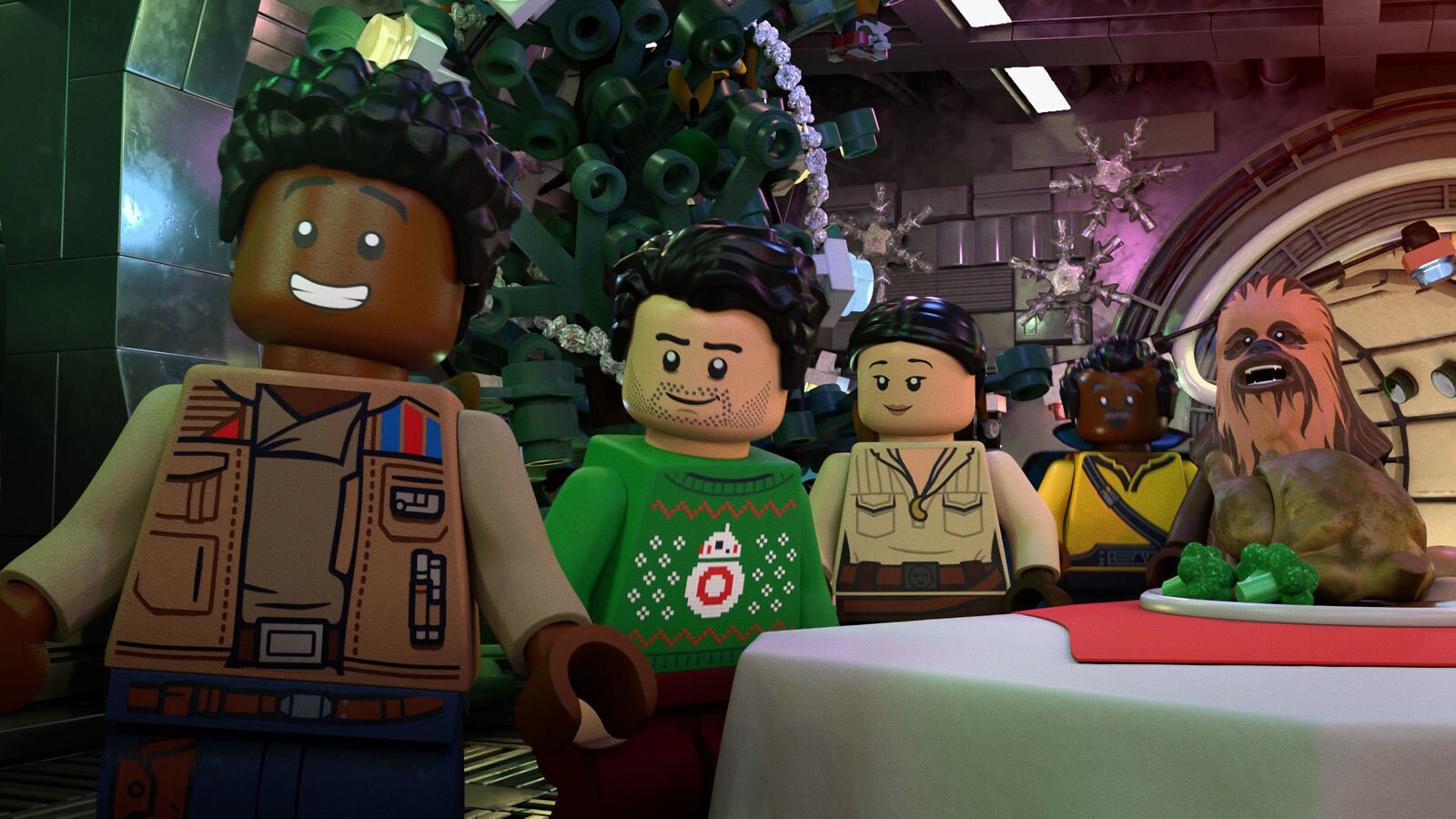 Finn, Poe, Rose, Lando, and Chewie in the LEGO Star Wars Holiday Special