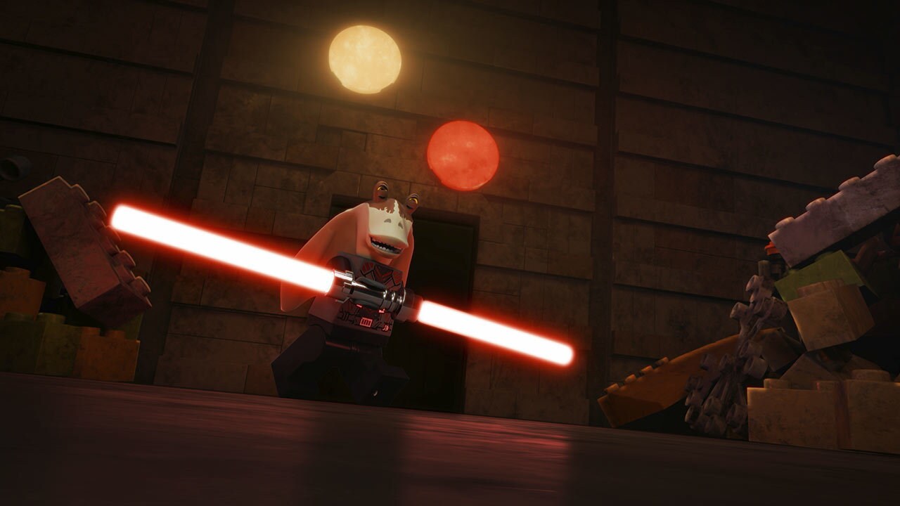 Darth Jar Jar holds his duel red lightsaber.