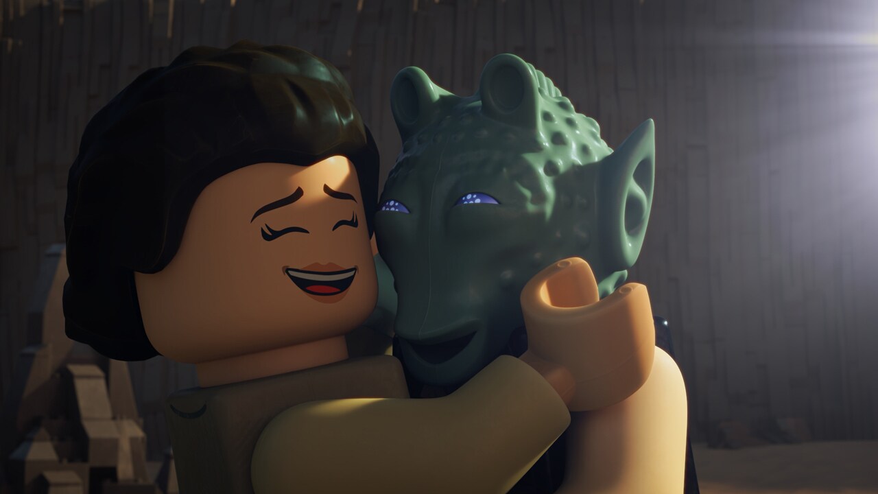 Leia and Greedo embrace in LEGO Star Wars: Rebuild the galaxy