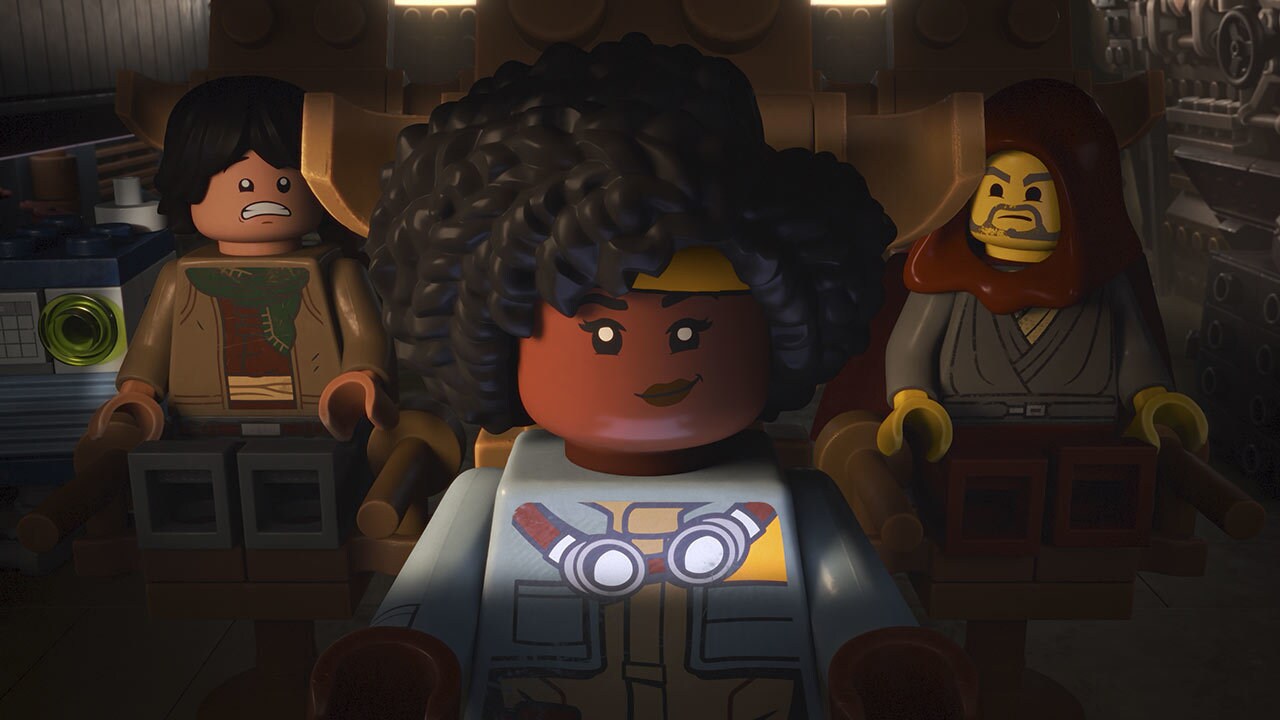 Sig Greebling, Yesi Scala, and Jedi Bob in a scene from LEGO Star Wars: Rebuild the Galaxy.