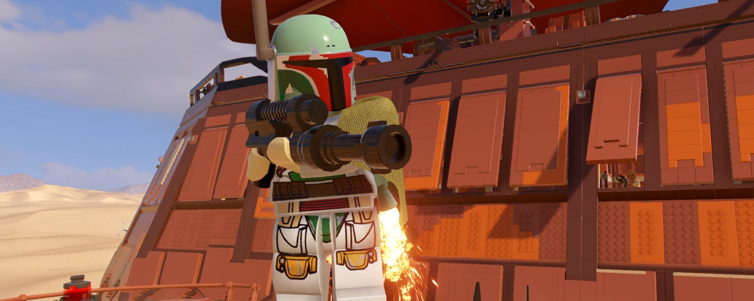 Boba Fett flies near Jabba's sail barge in LEGO Star Wars: The Skywalker Saga.