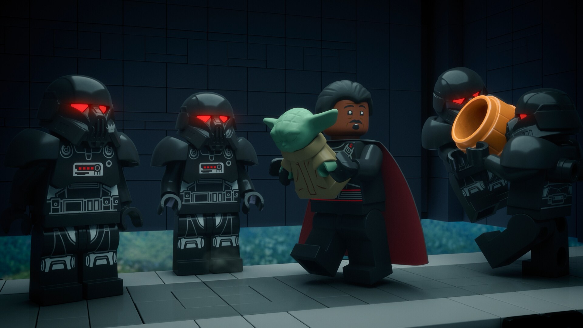After a perfect pass by Moff Gideon’s dark troopers, he receives a celebratory sports drink shower.