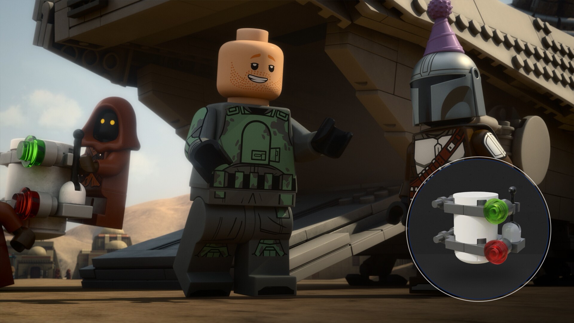 Jawas are caught sneaking off with a collectible minikit item from the Mandalorian’s ship.