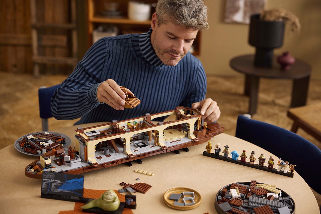 The LEGO Star Wars Jabba’s Sail Barge Ultimate Collector Series Edition being built