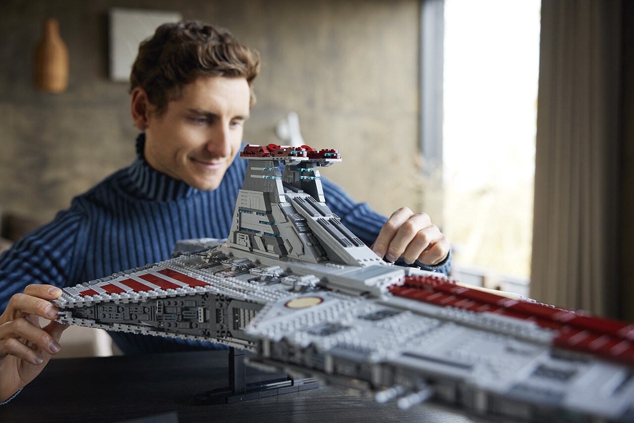 A close up of the LEGO Star Wars UCS Venator-Class Republic Attack Cruiser