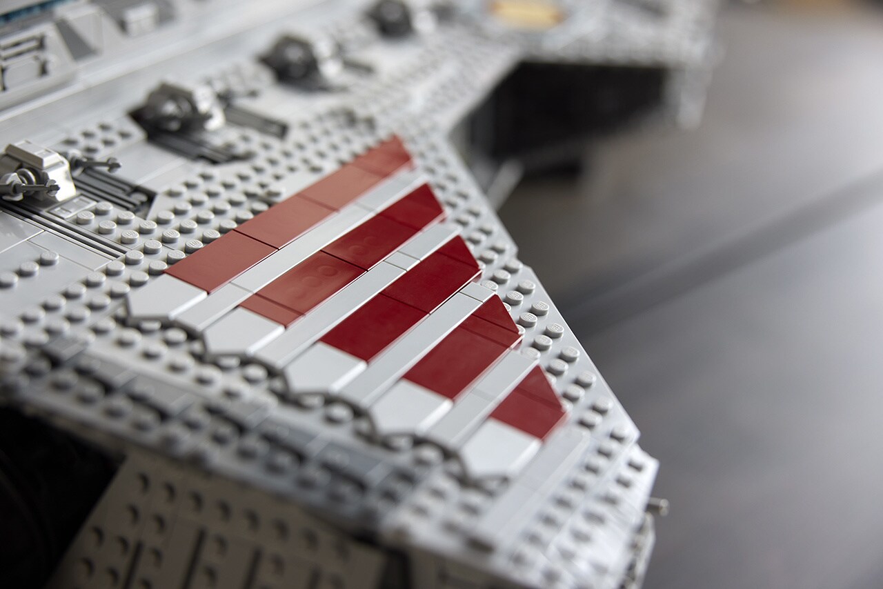 A close up of the details on the hull of the LEGO Star Wars UCS Venator-Class Republic Attack Cruiser