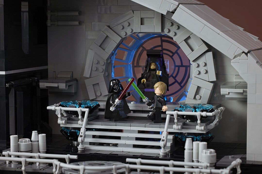 The Darth Vader and Luke Skywalker duel scene in the LEGO Star Wars Ultimate Collector Series Death Star.