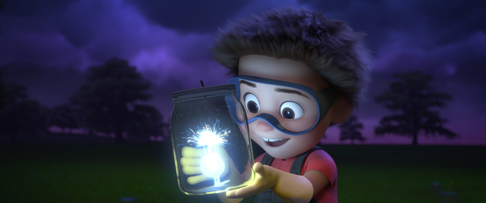 Little boy holding a glass jar of lightning