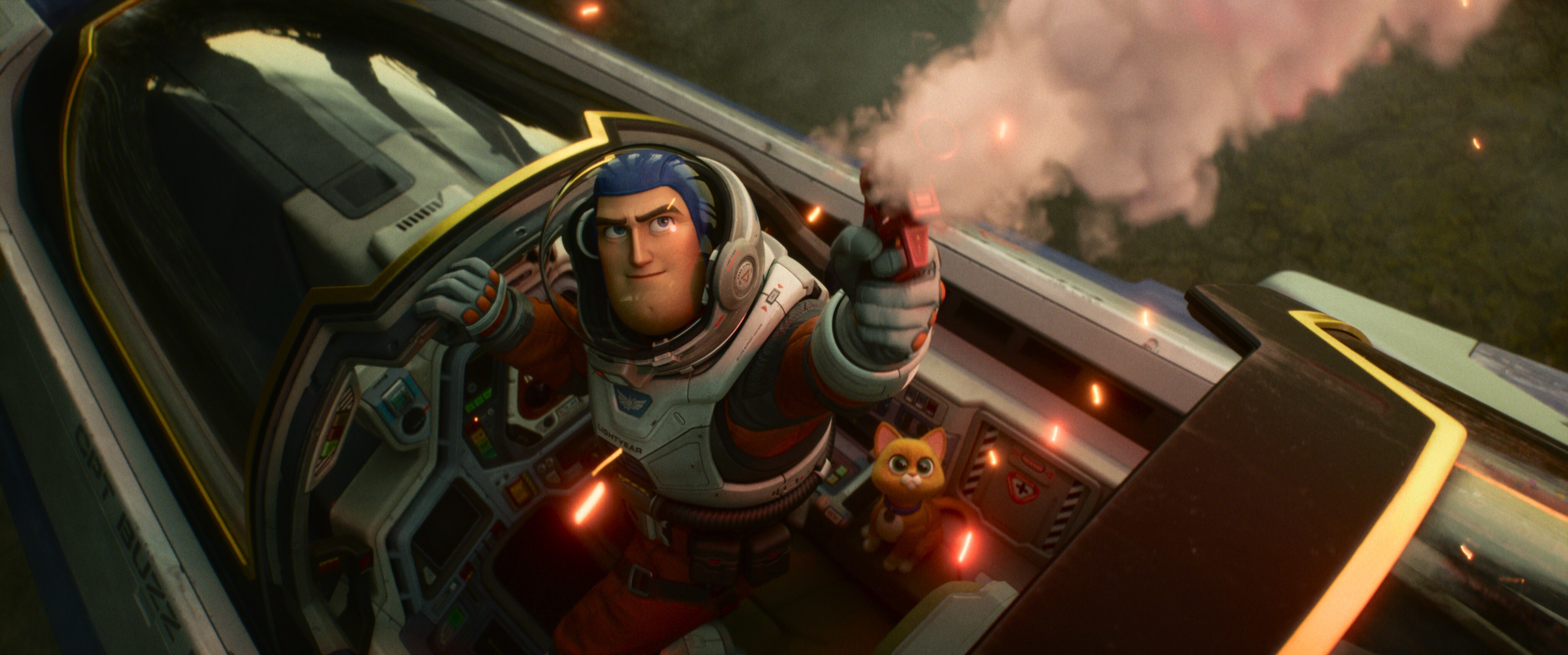 Buzz Lightyear stands up from his ship and sends up a flare