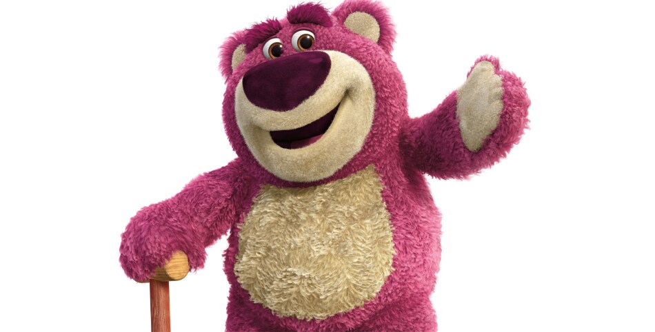 Character Lotso (a magenta teddy bear) holding a cane in the movie "Toy Story 3"