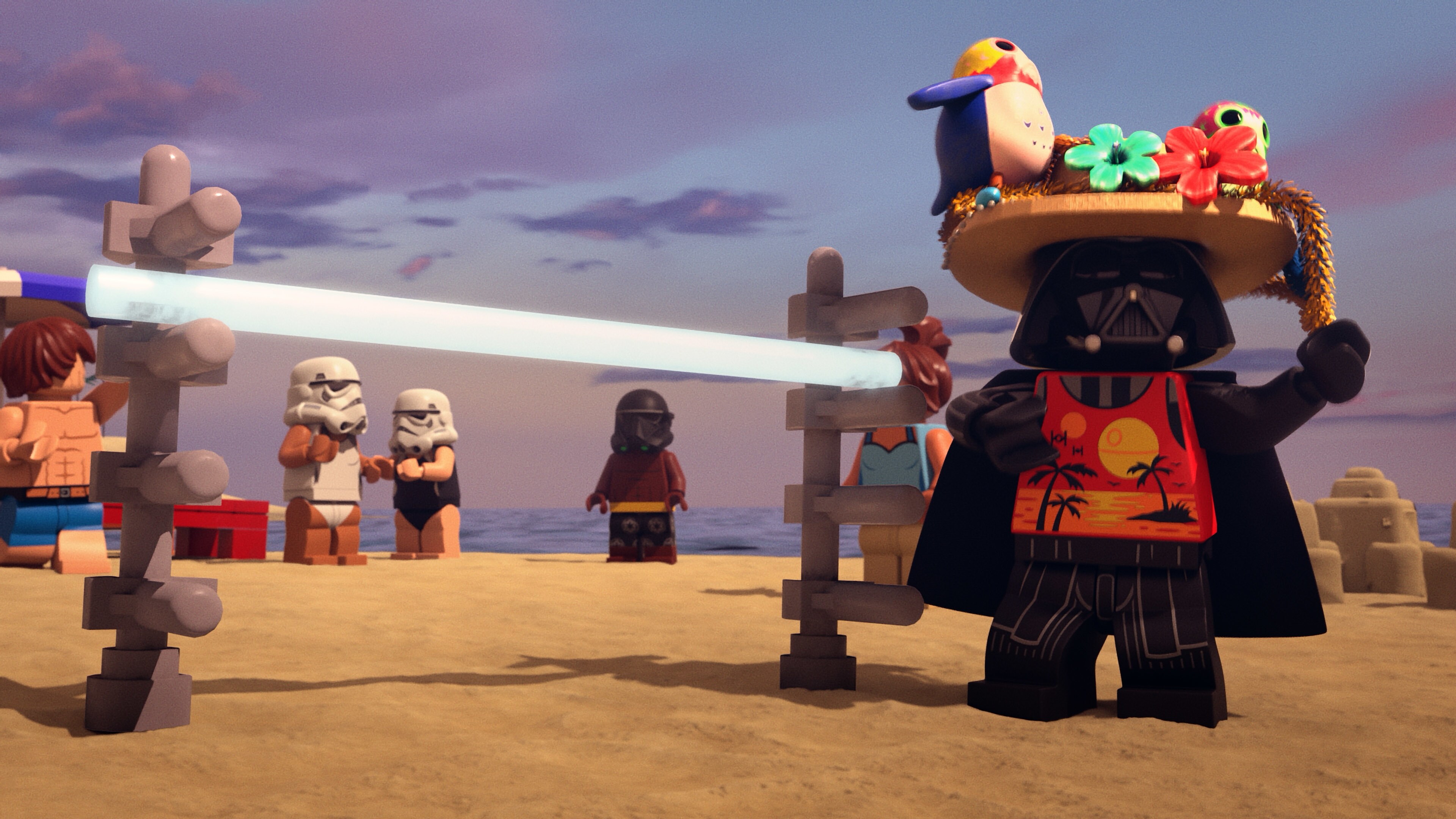 Darth Vader enjoying a Scarif beach party in LEGO® STAR WARS SUMMER VACATION exclusively on Disney+. ©2022 Lucasfilm Ltd. & TM. All Rights Reserved.