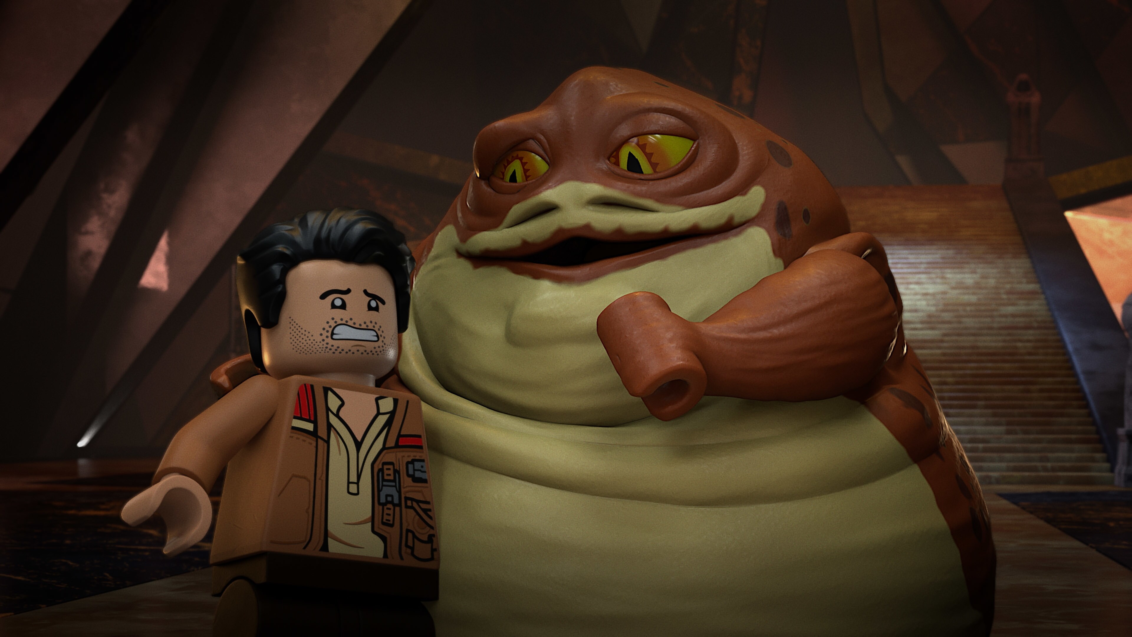 (L-R): Poe Dameron and Graballa the Hutt in LEGO STAR WARS TERRIFYING TALES exclusively on Disney+. ©2021 Lucasfilm Ltd. & TM. All Rights Reserved.